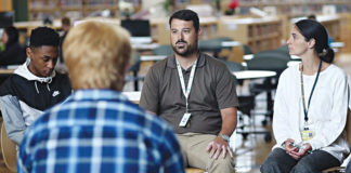 Andrew Nalepa School Psychologist at Skyline High School and TRAILS co-founder Elizabeth Koschmann PhD during a student CBT and Mindfulness group.