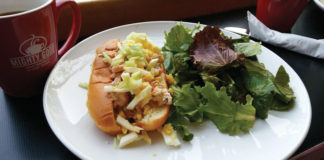 Mighty Good Coffee with a shrimp roll