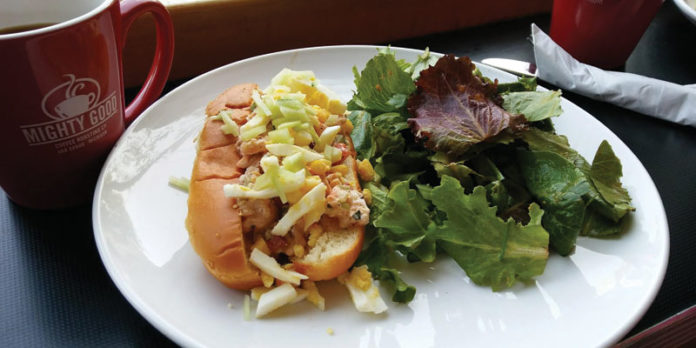 Mighty Good Coffee with a shrimp roll