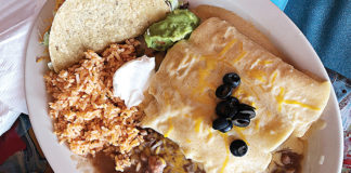 A combo plate featuring enchiladas, and hard shell taco plus rice and beans.