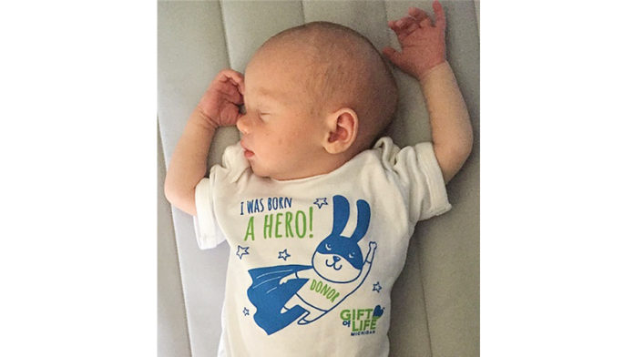 Newborn Coleton Voss was the first baby in Michigan to donate his placenta as part of a new program that provides nutrient-rich tissue to help patients with serious medical needs.