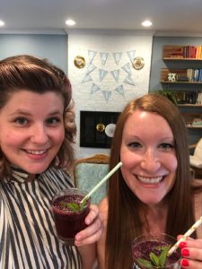 Emily Irwin and Maegan Brege enjoy blueberry mojito mocktails during a virtual baby shower. Image courtesy of Emily Irwin.
