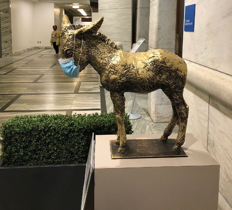 Even the brass sculpture of a donkey, much beloved and petted by children, dons a mask. Image courtesy of Christina-Marie Sears.