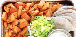 sheet pan with lamb meatballs and sweet potatoes