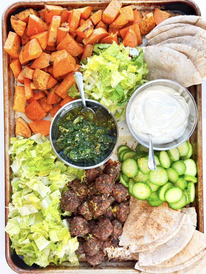 sheet pan with lamb meatballs and sweet potatoes