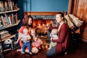 Mothers and children in library