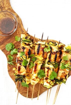 A photo of Salmon Summer Squash Skewers with Honey-Soy Glaze.