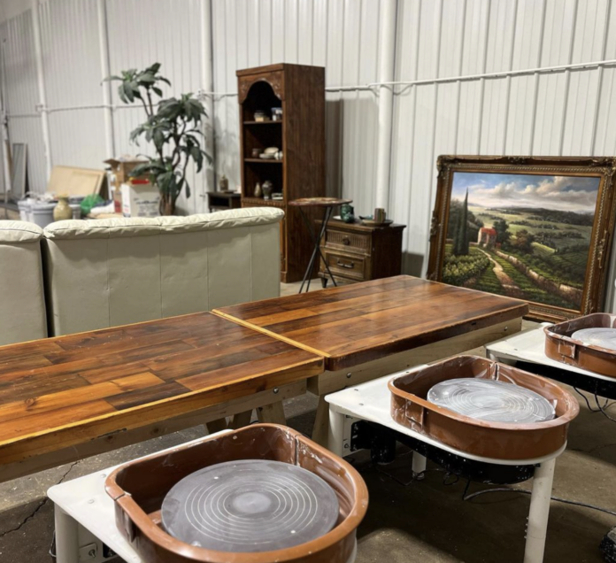 Multiple pottery wheels in studio