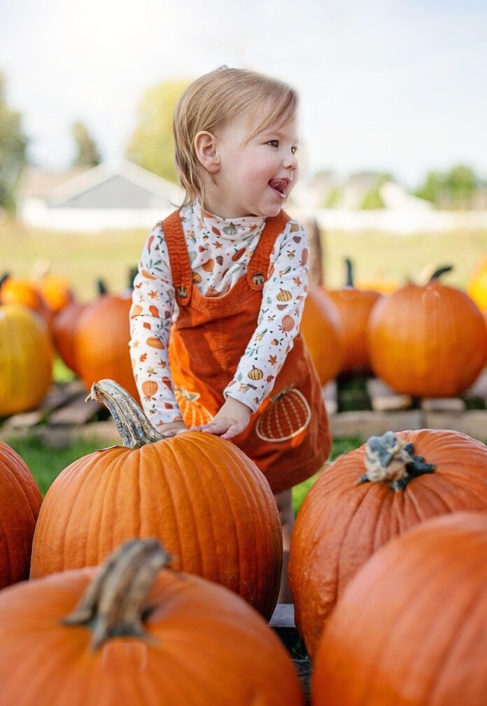 Little girl grabbing a pumpkin