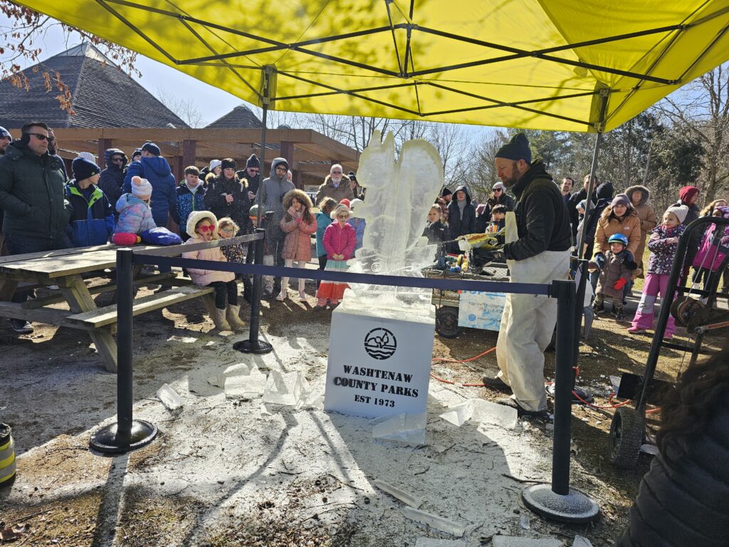 Ice carving under tent