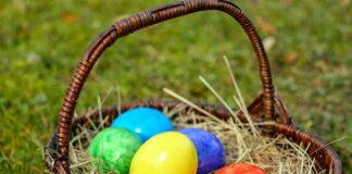 Colorful Easter eggs in a basket